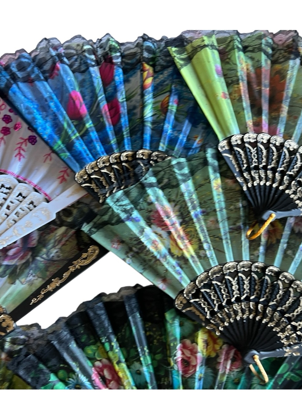 10 Lace Hand Fan with Multicolor Floral Fabric - Picture 4 of 12